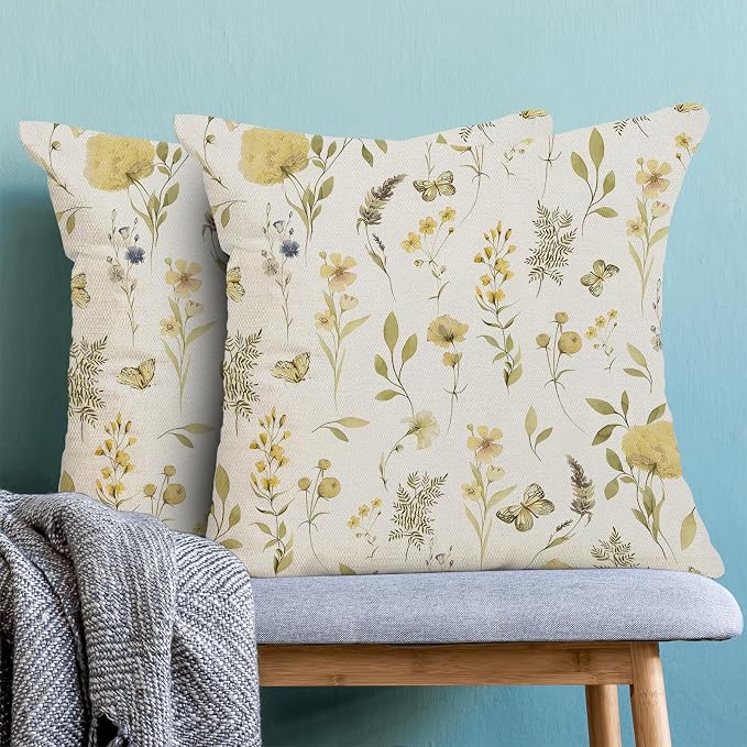 Spring Pillow Covers 20x20 Inch Set of 2, Mustard Yellow Green Wild Flower Throw Pillows Case,Colorful Seasonal Floral Plant Outdoor Decorative Farmhouse Decor Cushion Covers for Sofa Bed Couch