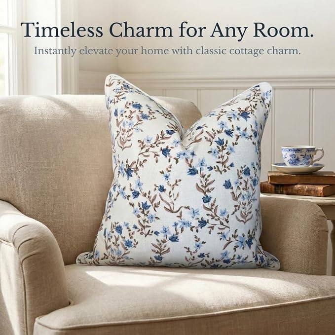 “The Lily” Floral Block Print Pillow Cover – Soft Blue and White Decorative Throw Pillow Cover – Grandmillennial Home Decor, 20" x 20"