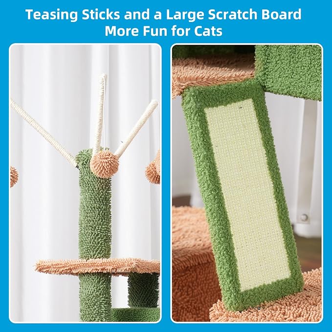Hey-brother Cat Tree Tower with Padded Platform Bed, Hammock, MPJ019-SCA | 53 Inches Cat House with Large Cozy Condo, Toy Balls and Sisal Scratching Posts for Indoor Multi-Cats, Cactus