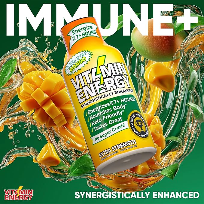 Vitamin Energy Immune+ Extra Strength Energy Shot Mango 8 Pack, 260mg Natural Caffeine, B-Vitamins, Citicoline, Green Tea, Immunity & Focus Support, Zero Sugar, Gluten-Free 1.93 fl oz