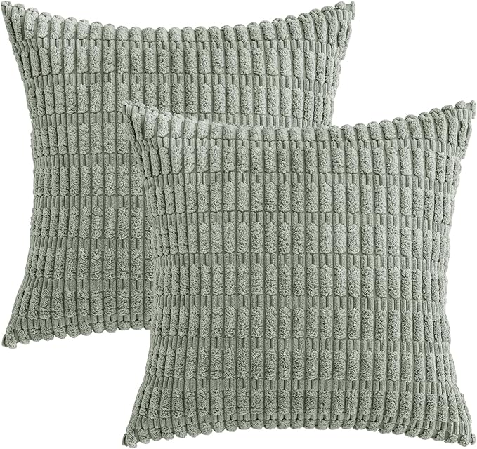 MIULEE Euro Sham Corduroy Decorative Throw Pillow Covers 22x22 Grey Green | Pack of 2 Soft Boho Striped Pillow Covers Modern Farmhouse Home Decor For Sofa Living Room Couch Bed