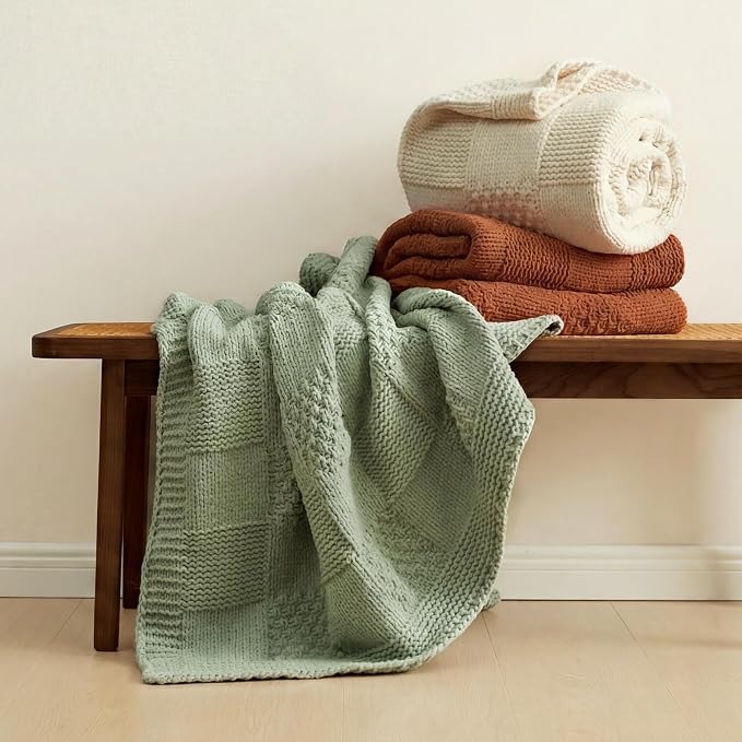Knit Throw Blanket, Soft Chenille Cozy Breathable Checkered Chunky Decorative Blanket for Couch, Bed & Sofa, French-Inspired Lightweight Warm Gift for Women, Ivory, 50"x60"
