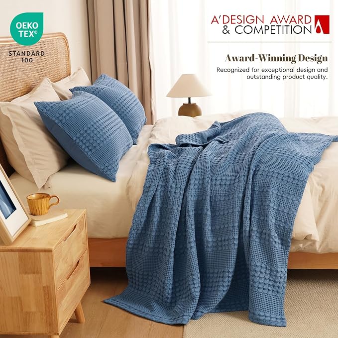 PHF 100% Cotton Waffle Weave Throw Blanket, Lightweight Breathable Summer Blanket for Couch Sofa, Pre-Washed Soft Throws for Bed, Office, Travel & Stylish Home Decor, 50"x60", Denim Blue