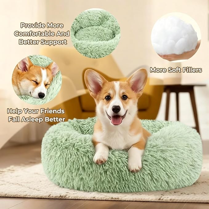 Calming Donut Dog and Cat Bed for Indoor Cats, Anti-Anxiety Round Fluffy Soft Washable Small Pet Bed for Puppy and Kitten, Warming Comfortable Luxury Anti-Slip Waterproof Mute Base 20in Green