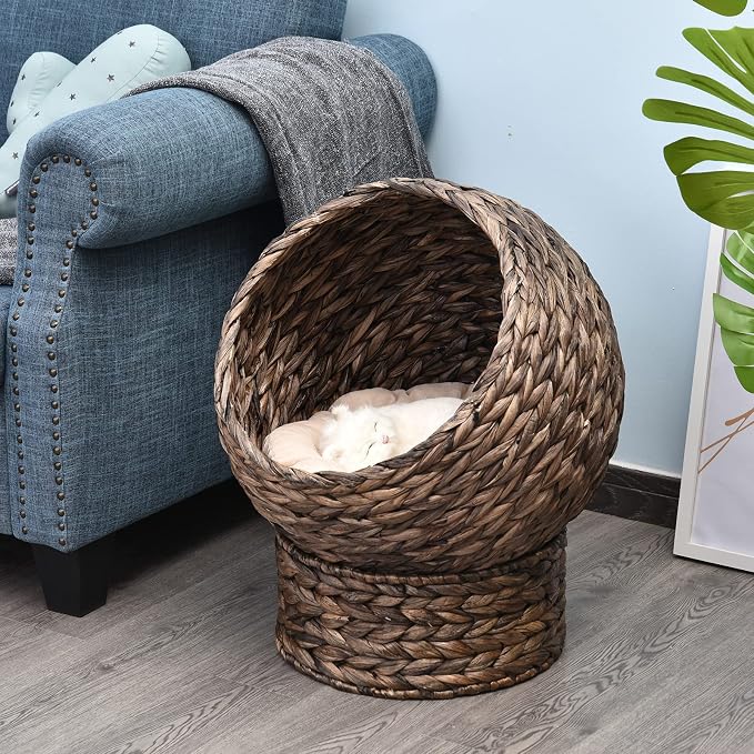 PawHut Handwoven Elevated Cat Bed with Soft Cushion & Egg Chair Shape, Basket Kitty House with Stand, Raised Wicker Cat Bed for Indoor Cats, 23.5" H, Gray | Soft Cushion, Basket Bed Kitty House with Stand, Raised Wicker House