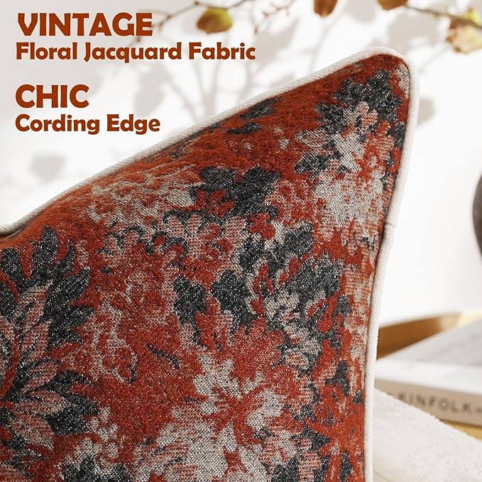 Pack of 2 Vintage Floral Euro Sham Covers 26x26 Boho Farmhouse Accents Chenille Square Decorative Throw Pillow Cases for Living Room Couch Bed Home Decor, Rust