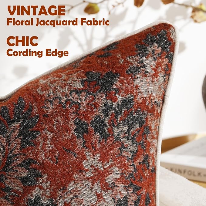 Pack of 2 Vintage Floral Throw Pillow Covers 22x22 Boho Farmhouse Accents Chenille Square Decorative Pillow Cases for Living Room Couch Bed Home Decor, Rust