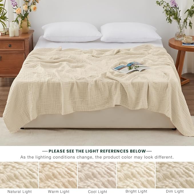 Love's cabin 100% Cotton Muslin Blanket, 6 Layer Lightweight Breathable Gauze Queen Size Blanket 90 x 90 Inches, Soft All Season Blanket for Bed, Beige