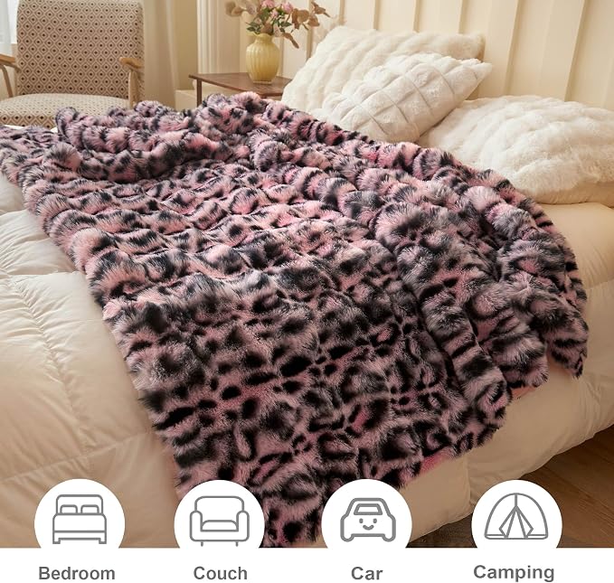 LIFEREVO Leopard Print Luxury Fluffy Faux Rabbit Fur Throw 50x60, Pink | Cheetah Print Plush Bubble Blanket for Bed Couch Sofa, Soft Cozy Furry Aesthetic Lap Throw for Home Office Adults Teens Kids