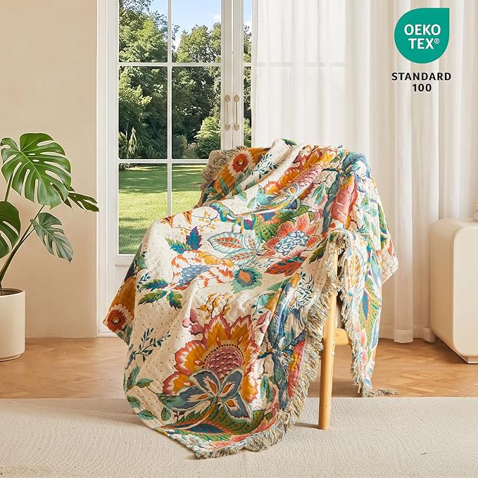 MSGKV Boho Throw Blanket 50"x60" 100% Cotton Vine Blanket for Couch Bed | Super Soft Muslin, Everyday Comfort, Breathable, Lightweight, Farmhouse Decor, All Seasons, Machine Washable, Cozy Comfort