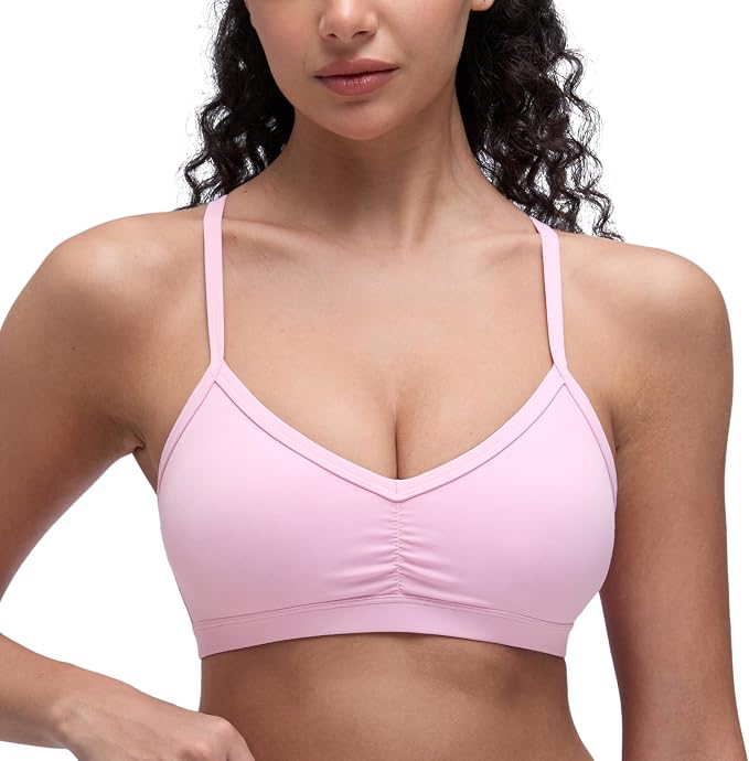 CRZ YOGA Butterluxe Ruched Sports Bras for Women - V Neck Spaghetti Thin Strap Y Back Wireless Padded Yoga Crop Top