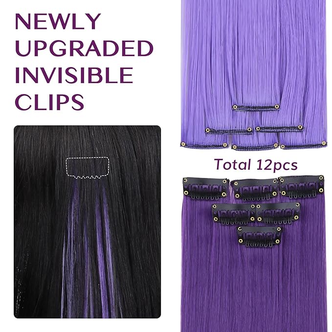 IDN BEAUTY Colored Clip in Hair Extension, 12PCS Light Purple Deep Purple 24Inch Multicolored Synthetic Hair Pieces for Women, Hair Accessories for Party Cosplay Travel Birthday Halloween