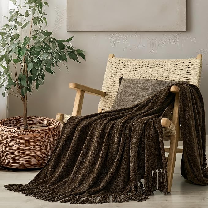 Chenille Knit Throw Blanket for Couch, 50"x60", Dark Brown | Cozy Plush Fuzzy Knittd Throw with Tassels, Lightweight, Decorative, Farmhouse Decor, Ideal for Bed Sofa Gift, All Seasons