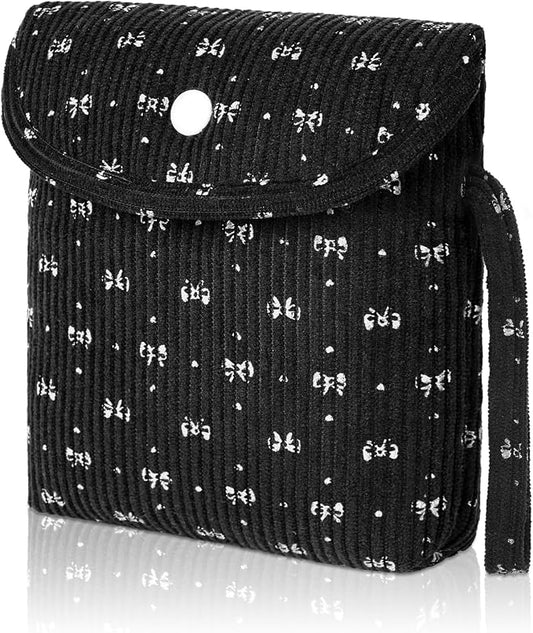 Bow Corduroy Sanitary Pad Pouch Soft Discreet Pad Bags for Period for Women Cute Nursing Pad Holder Menstrual Cup Tampon Pouch First Period Gift Feminine Bag (Black)