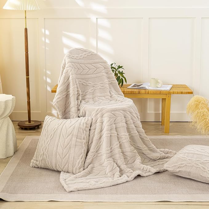 YUSOKI Sherpa Fleece Large Throw Blanket, Linen, 50"x65" | 3D Stylish Design,320GSM, Non-Shedding, Lightweight for All Season Use, stays fluffy after repeated washes, Perfect Gifts