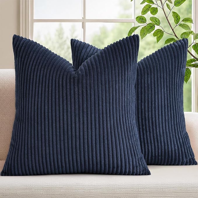 Mecatny Corduroy Decorative Throw Pillow Covers 24x24 Set of 2 Deep Blue | Soft Striped Texture, Hidden Zipper Design, Neutral Boho Square Pillow Cases for Sofa Couch Living Room Bedroom, Home Décor