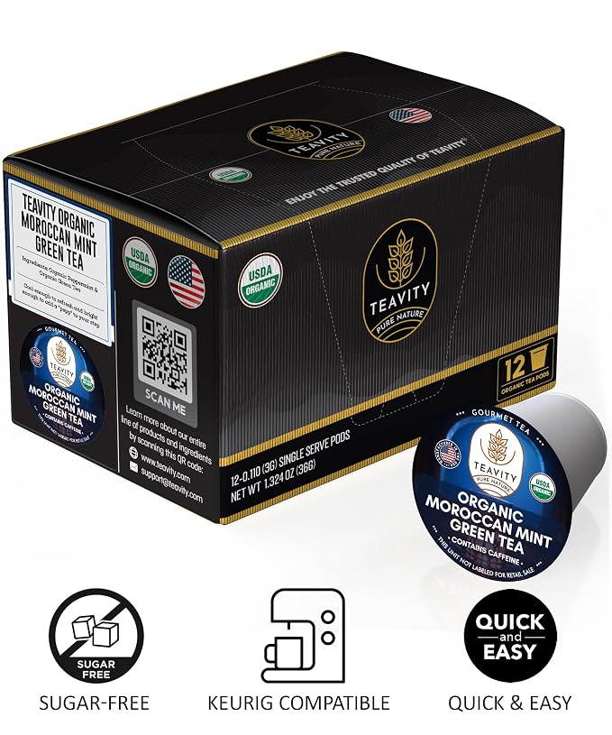 Organic Moroccan Mint Tea and Green Tea Pods for Keurig - Caffeinated Unsweet Tea for K Cup Brewing by Teavity (12 Tea Pods)