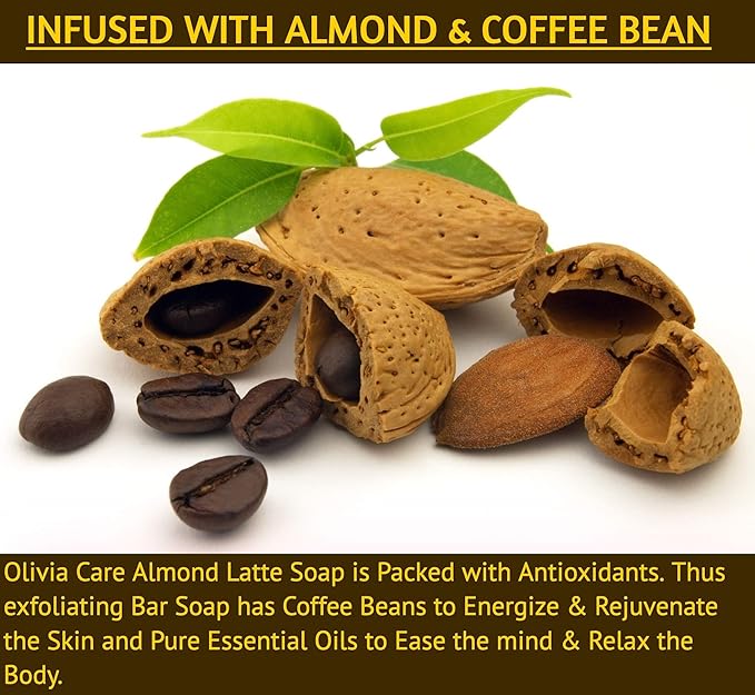 Olivia Care Exfoliating Bar Soap, Coffee Beans, 100% Natural, Organic Ingredients, Clean Energize Mind Body, Full of Vitamin & Antioxidants (Almond Latte)