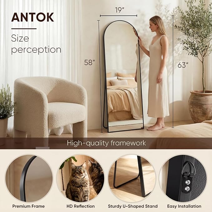 Antok 58" x19” Arched Full Length Floor Mirror, Black Aluminum Frame, Free Standing/Wall Mount/Leaning for Bedroom, Living Room, Dressing Room