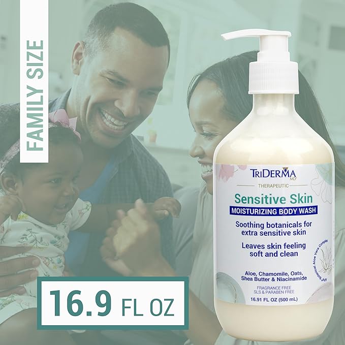 TriDerma Moisturizing Sensitive Skin Body Wash, Premium Botanicals, Aloe Vera, Chamomile, Oat, Shea Butter, Niacinamide, Creamy Body Cleanser, Paraben Free, 16.9 fl oz