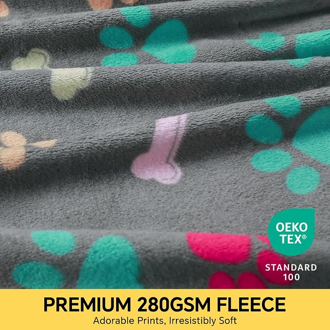 Luciphia 1 Pack 3 Blankets Fluffy Premium Fleece Pet Blanket Flannel Paw Printed Throw for Dog Cat(Large 41x31'', Grey/Brown/Blue) | Washable Throw Blanket for Crate, Couch, Bed, Travel. Cute Paw & Bone Print. Puppy Essential, Dog Gift,Grey/Brown/Blue