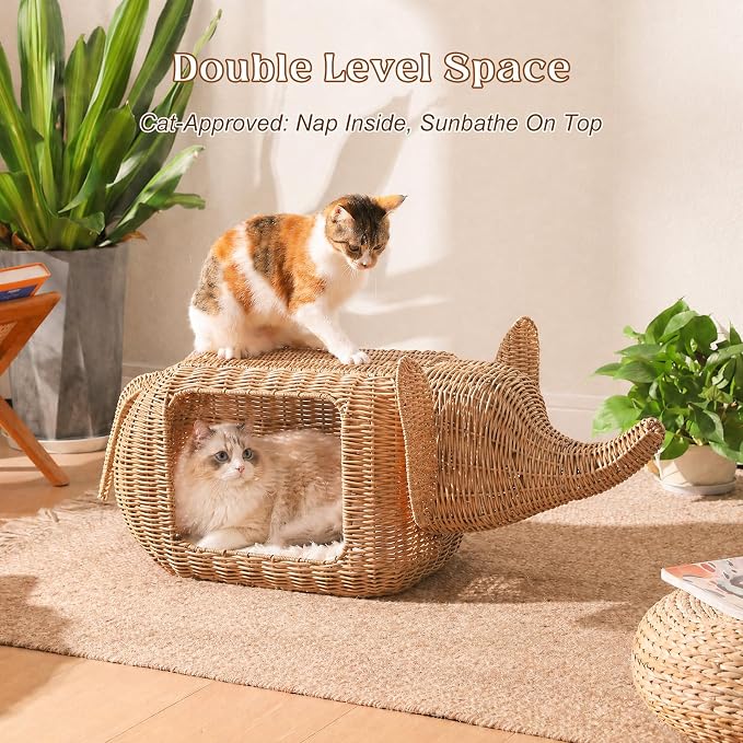 PAWZ Road Elephant Rattan Cat Bed, Indoor Outdoor Condo for Large Cats | breathable rattan cat house, 51L interior fits large cats 15lbs, wicker cat bed with removable cushion