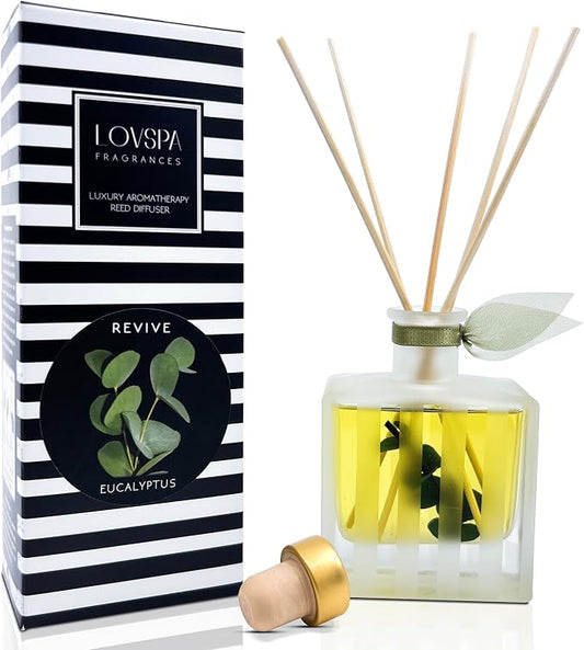 Reed Diffuser Set, Revive Eucalyptus Scented Oil Diffuser with Sticks, Home Fragrance Accessories for Bathroom Shelf Decor, Aroma Diffusers for Home or Office Desk, USA Made