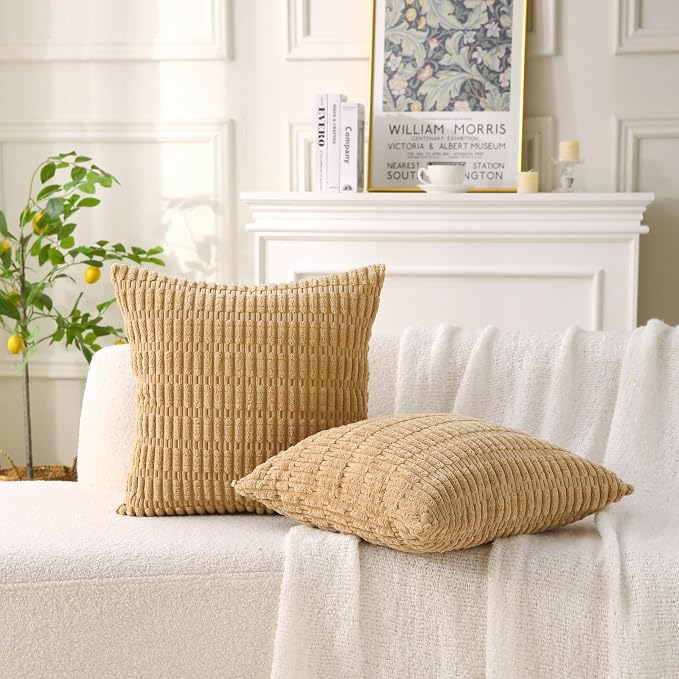 2 Pack Corduroy Decorative Throw Pillow with Inserts, 20x20 Inch Soft Boho Throw Pillow, Square Striped Throw Pillows for Couch, Bed, Sofa Decor (Golden Brown)