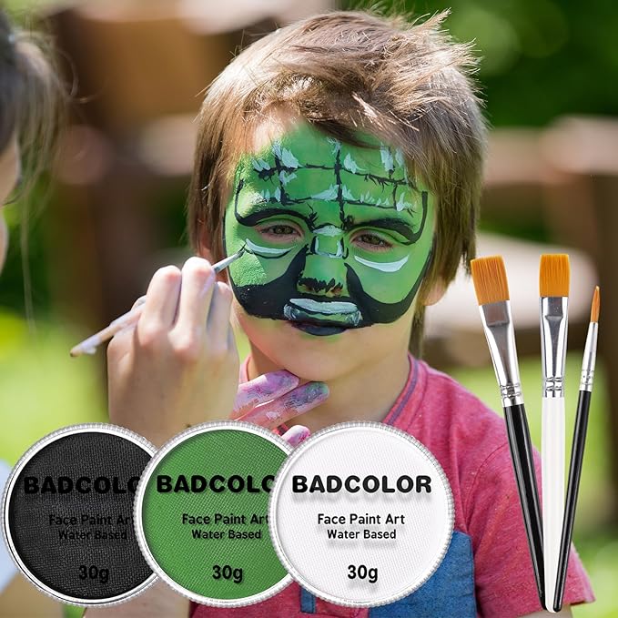 White Black Green Face Body Paint with Painting Brushes Halloween Makeup Set, Water Based Facepaint for Kids Adults Party for Witch Shrek Alien Grinch Hulk Costume Cosplay Special Effects Make Up