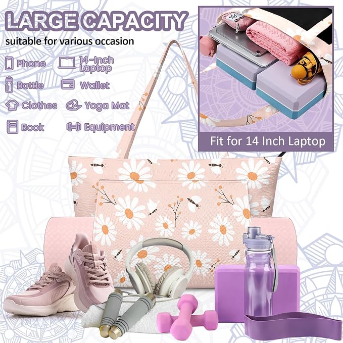 Yoga Bag for Women, Large Canvas Yoga Mat Tote Bag with Yoga Mat Carrier - Large Mat Pocket Fitness Tote for Pilates, Gym, Travel, Office & Beach