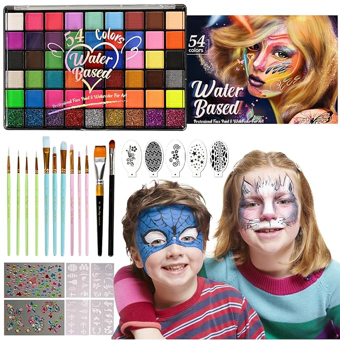 54 Color Kids Face Paint Kit - Non-Toxic, Water-Based Palette with Stencils, Brushes, Gems & Glitter for Halloween, Carnival, Costume Parties & Creative Activities