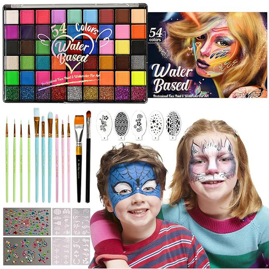 54 Color Kids Face Paint Kit - Non-Toxic, Water-Based Palette with Stencils, Brushes, Gems & Glitter for Halloween, Carnival, Costume Parties & Creative Activities
