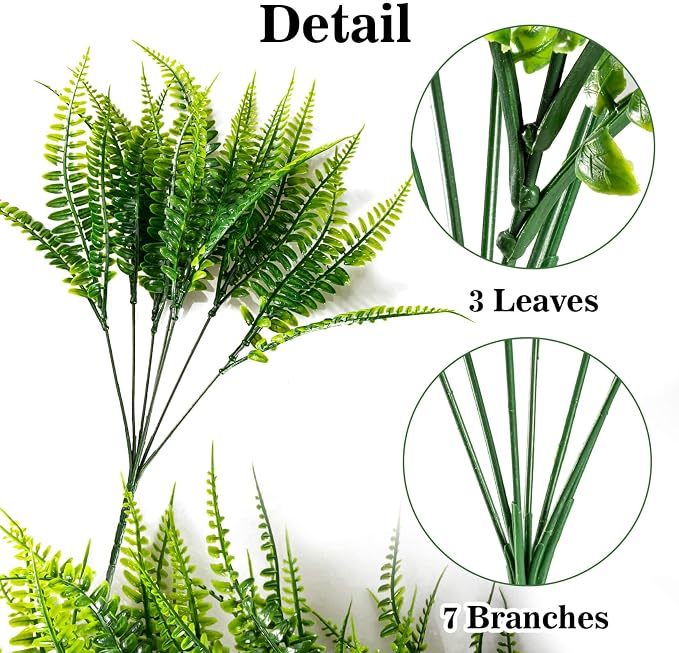 MAQIHAN 20PCS Fake Fern for Outdoor - Artificial Boston Fern Stems Decor | Realistic Fake Greenery for Large Planters, Vase, Porch, Patio, Garden Decor, Faux Plants for Indoor, Outdoor Home Decoration