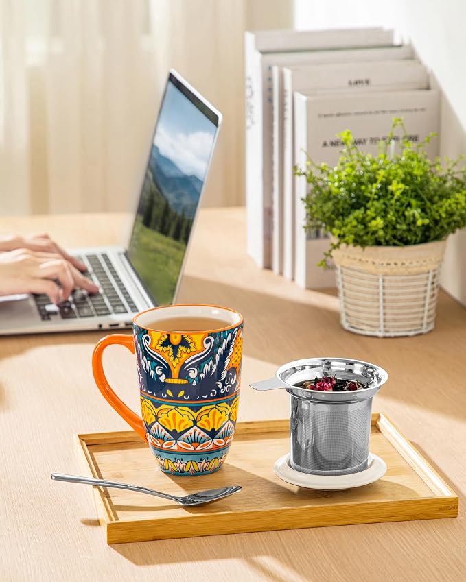vancasso Ceramic Tea Cup with Infuser and Lid, 18 Ounce Tea Infuser Mug for Loose Leaf Tea, Microwave & Dishwasher Safe, Bohemian Mandala, Gift for Tea Lovers, Amber Iris Bloom