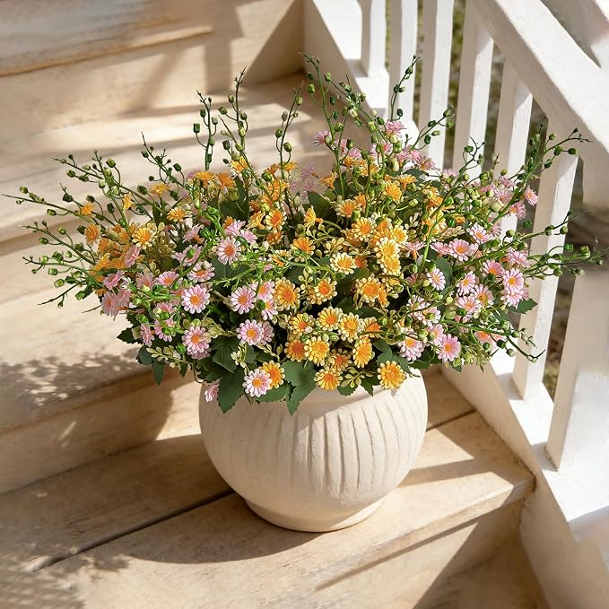 RM ROOMERS Artificial Flowers Plants for Outdoors, Fake Flowers Yellow&Pink | Daisy UV Resistant Faux Flower for Garden Porch Windowbox Front Door Yard, No Fade Home Table Vase Decor (4 Bundles)