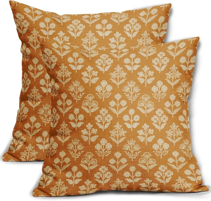 Mustard Yellow Floral Block Print Pillow Covers 18x18 Inch Set of 2, Vintage Flower Pattern Decorative Throw Pillowcases Outdoor Farmhouse Cushion Covers Spring Summer Rustic Sofa Couch Bed Decor