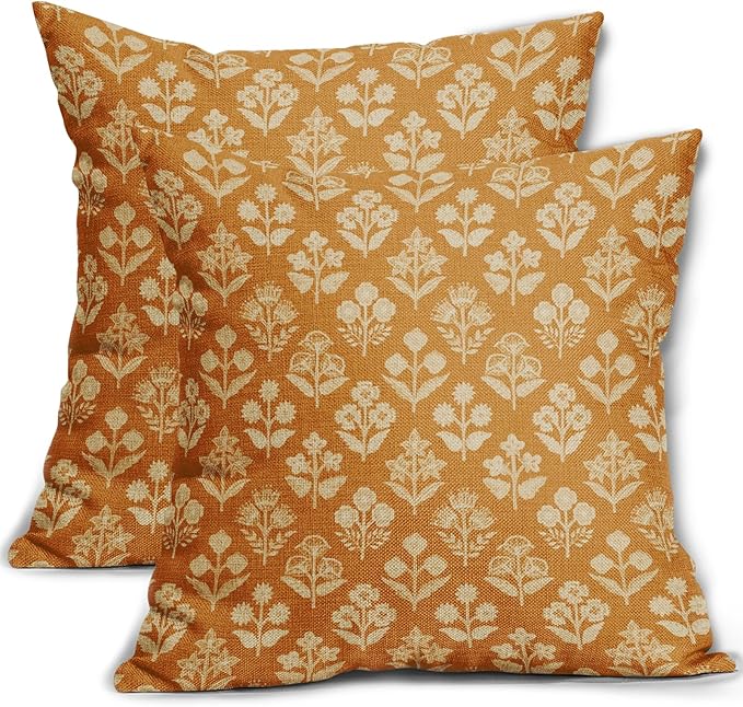Mustard Yellow Floral Block Print Pillow Covers 16x16 Inch Set of 2, Vintage Flower Pattern Decorative Throw Pillowcases Outdoor Farmhouse Cushion Covers Spring Summer Rustic Sofa Couch Bed Decor