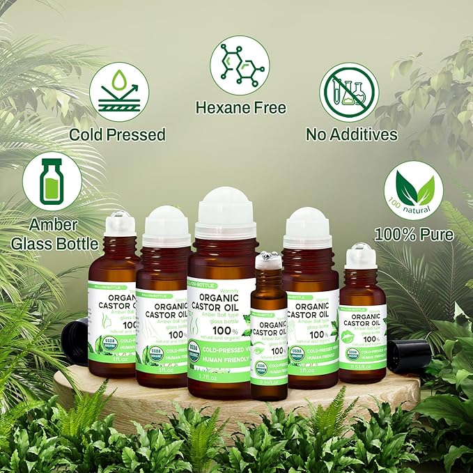 6-in-1 Castor Oil Roll on for Eye,Face,Hand,Feet,Body Skin,Certified Organic Cold Pressed Castor Oil Roller ball unrefined Glass Bottle - Total 5.58 fl.oz