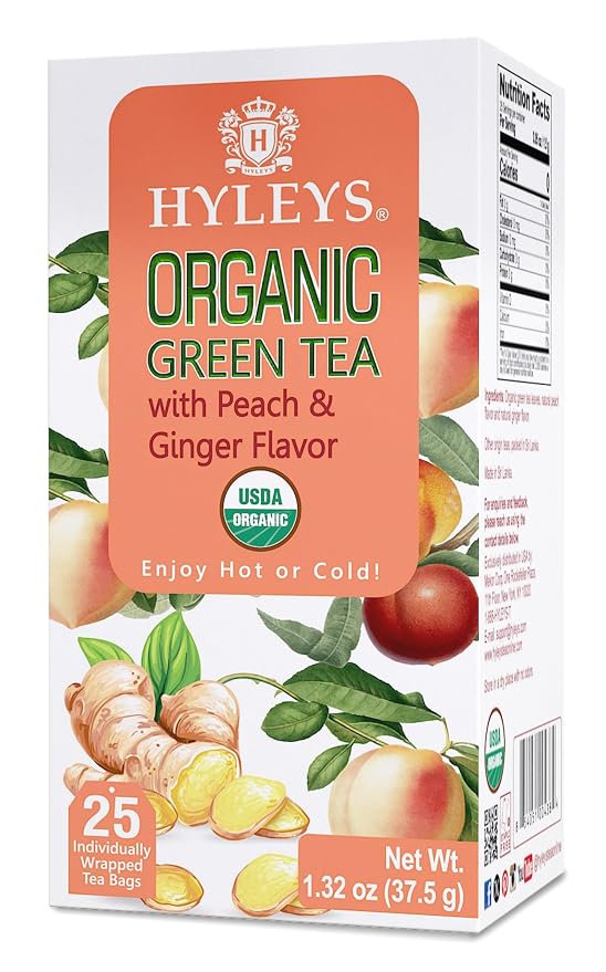 HYLEYS Organic Green Tea, Peach and Ginger Flavor - 25 Individually Wrapped Tea Bags - USDA Organic - Kosher & Vegan