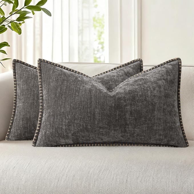 decorUhome Soft Chenille Throw Pillow Covers 12x20 Set of 2 Dark Grey | Fall Textured Decorative Throw Pillow Cases Stitched Edge Modern Farmhouse Luxury Boho Velvet for Couch Sofa Bed Home Decor