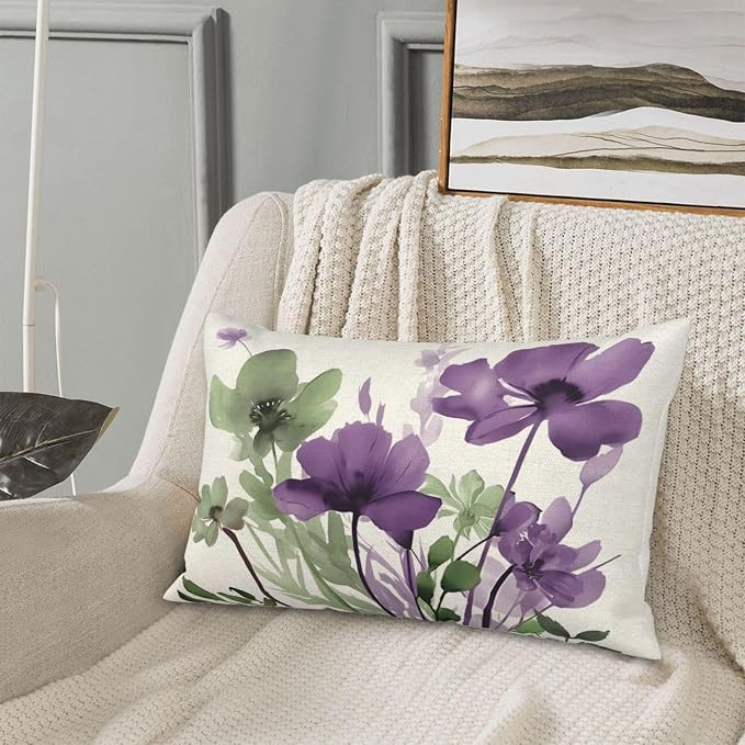 Spring Floral Pillow Covers 12x20 Inches Set of 2 Sage Green Purple Floral Throw Pillow Cover Outdoor Summer Flower Decoration Pillowcase Farmhouse Decorative Lumbar Cushion Cover For Home Sofa