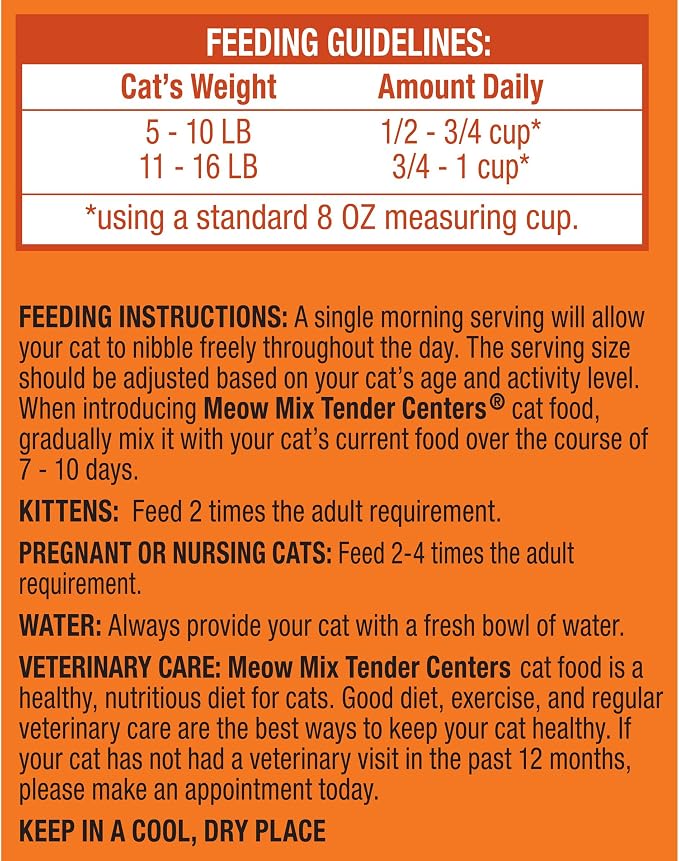 Meow Mix Tender Centers Salmon & White Meat Chicken Flavors, Dry Cat Food, 14.2 lb. Bag | Dry cat food with two texture kibble, meaty center surrounded by a crunchy outer layer.