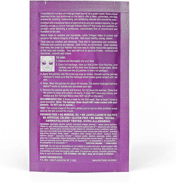 Earth Therapeutics Recovery Gold Hydrogel Under-Eye Patch – Retinol + Collagen (5 Pairs = 10 Patches)