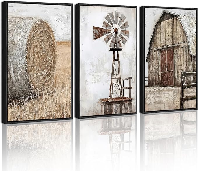 Drsoum Farmhouse Wall Art Vintage Rustic Windmill Barn Cornfield Pictures Framed Painting Landscape Countryside Rural Canvas Artwork Home Decor Ready to Hang 11x14in - Black Framed