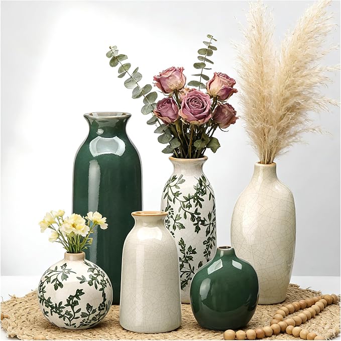 Ceramic Vase Set of 6，Flower Vases，Small Vases for Pampas Grass | Vintage Vase for Centerpieces,Home Decor,Kitchen Decor,Ceramic Vases for Chinoiserie,Shelf Decor, Table, Living Room Bedroom