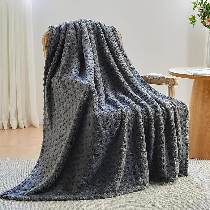 NEWCOSPLAY 3D Waffle Checkered Flannel Twin Blanket, Dark Grey, 60"x80" | Super Soft Cute Lightweight Decorative Premium Silky Fleece Blanket for Couch Sofa Bed, Gift for Women Men, All Season Use
