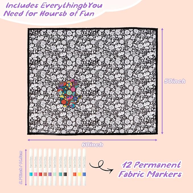 ZHOYIMIMI DIY Cozy Coloring Blankets for Adults & Kids -24 Markers | 50" x 60", Machine Washable, Cozy Velvet, Printed Patterns, ideal for daily use, home decor and kids spaces, Gift Wrapped