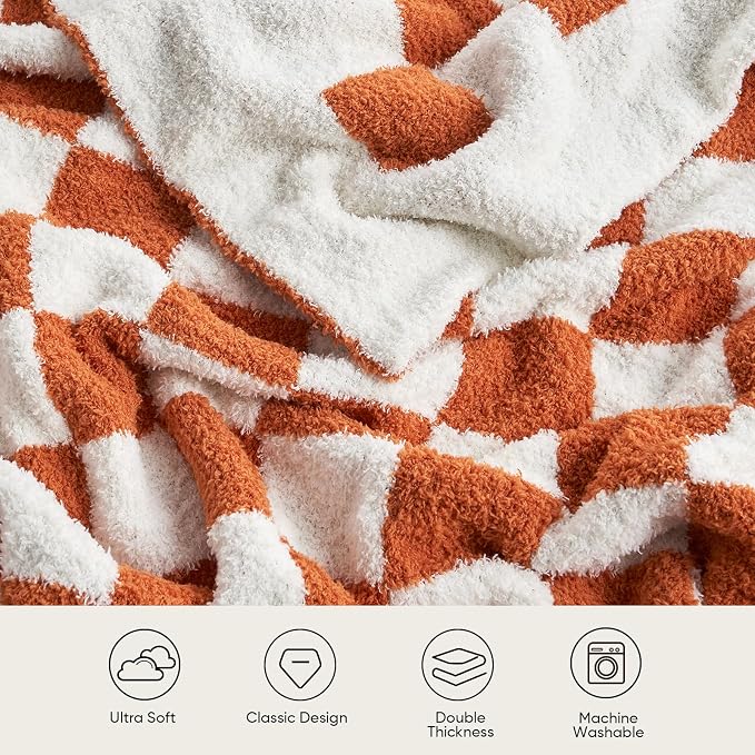 Snuggle Sac Checkered Bedding Blanket Twin Size 60x80, Super Soft, Cozy Warm Knit Blankets, Reversible Breathable Lightweight Fluffy Throws for Travel, Bed, Checkered Burnt Orange, 60x80 Inches