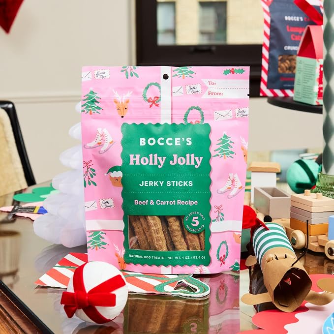 Bocce's Bakery Holly Jolly Holiday Flavor Jerky Stick Dog Treats, 4 oz | High-Protein, Wheat-Free, Limited-Ingredient Treats with No Added Salt or Sugar - Baked in The USA
