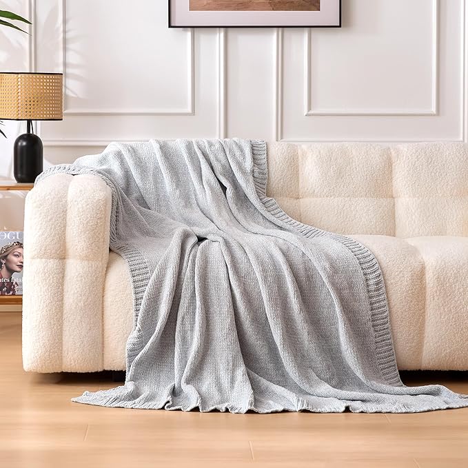 Amazon Basics Chunky Chenille Knit Throw Blanket for Couch, Bed and Sofa, Soft and Warm Lightweight Jersey, 50"×60", Grey